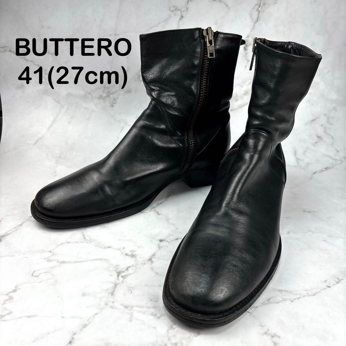 美品】BUTTERO ブラック 本革 レザー サイドジップ ブーツ 41 27
