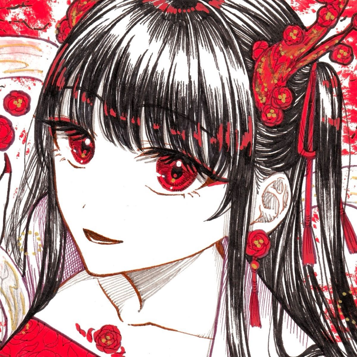 手描きイラスト オリジナル 創作 色紙 寸松庵 旧正月 赤 朱 春節