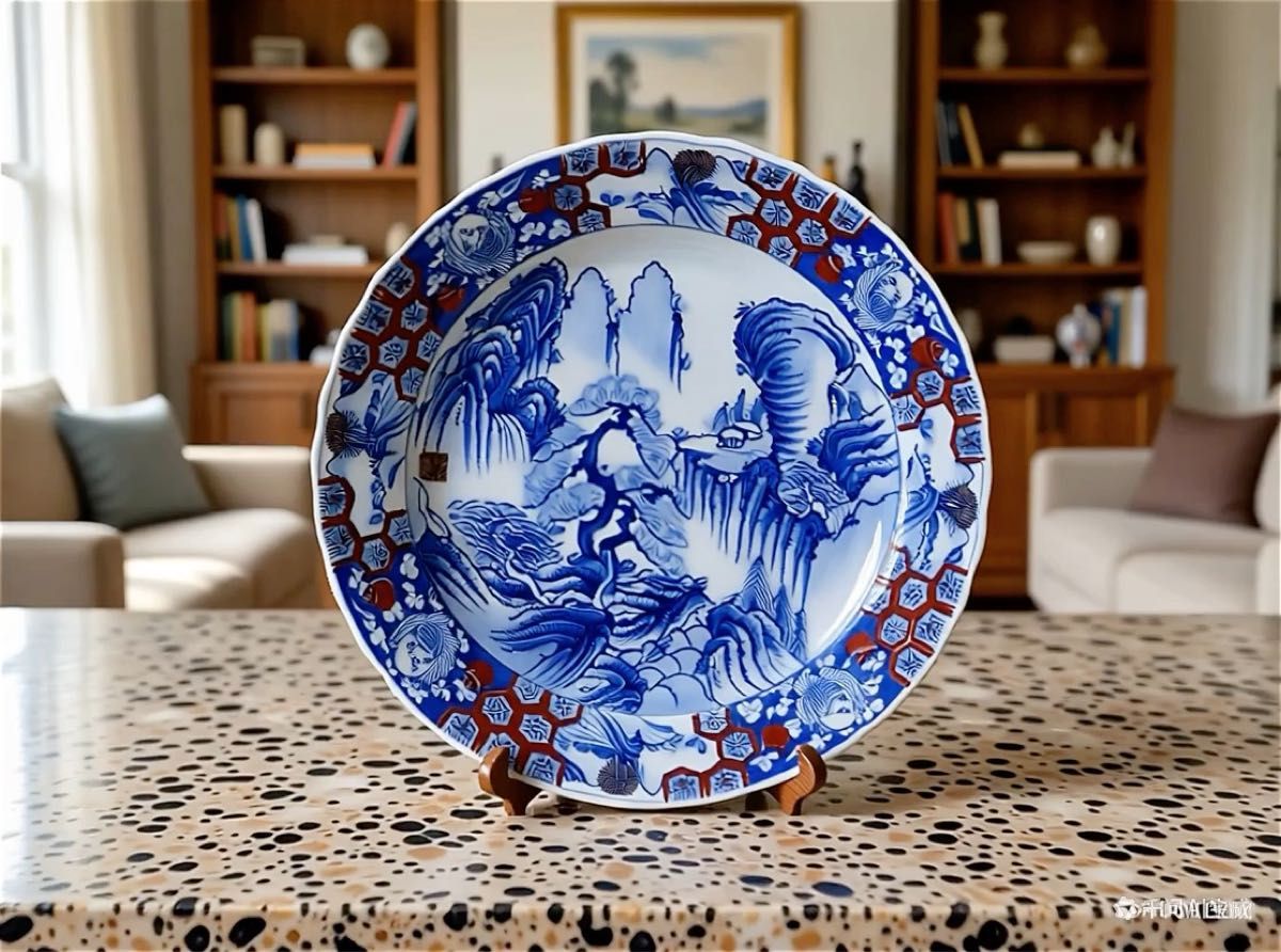 有田焼 山徳窯 染付山水絵 超大皿 飾り皿 直径約45 8センチ 古美術品