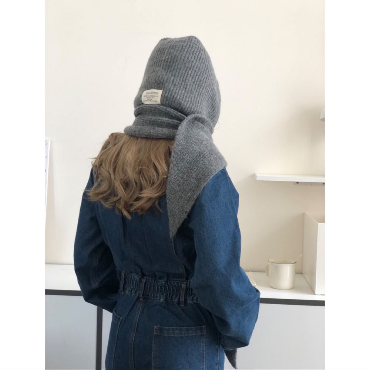 バラクラバ フード付きマフラー グレー ニット ストール スヌード 防寒