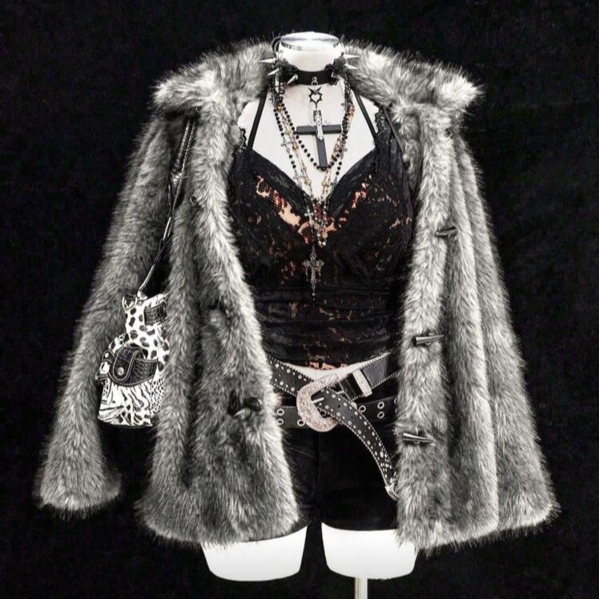 地雷系 ゴシック サブカル Y2K フェイクファーコート グレーミックス