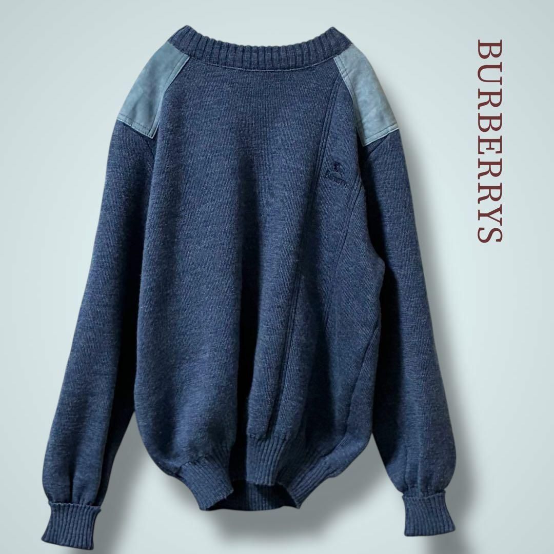 90s バーバリーズ ウールニット ロゴホース刺繍 エルボーパッチ 42