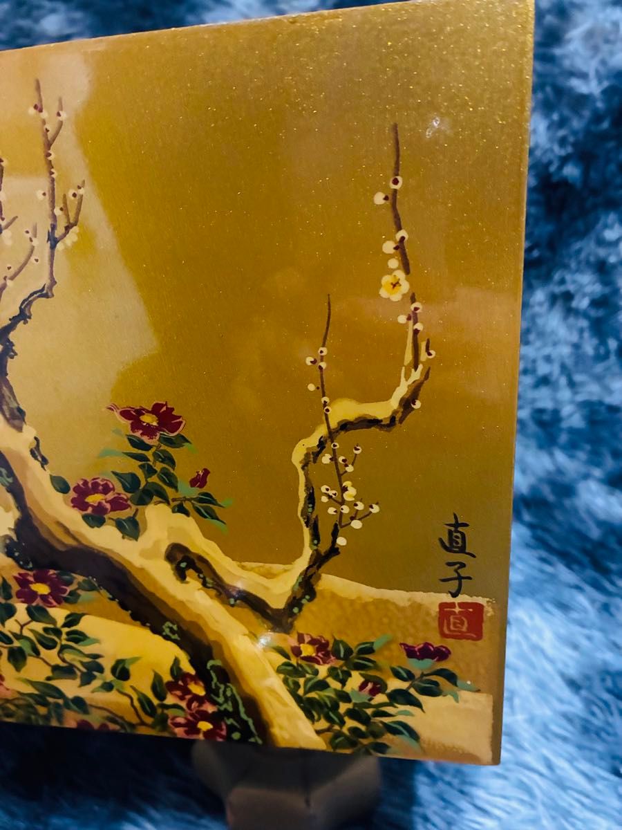 極上品 日本画家【野畑直子】作 金地漆絵四季花鳥図碁盤 碁笥 本蛤