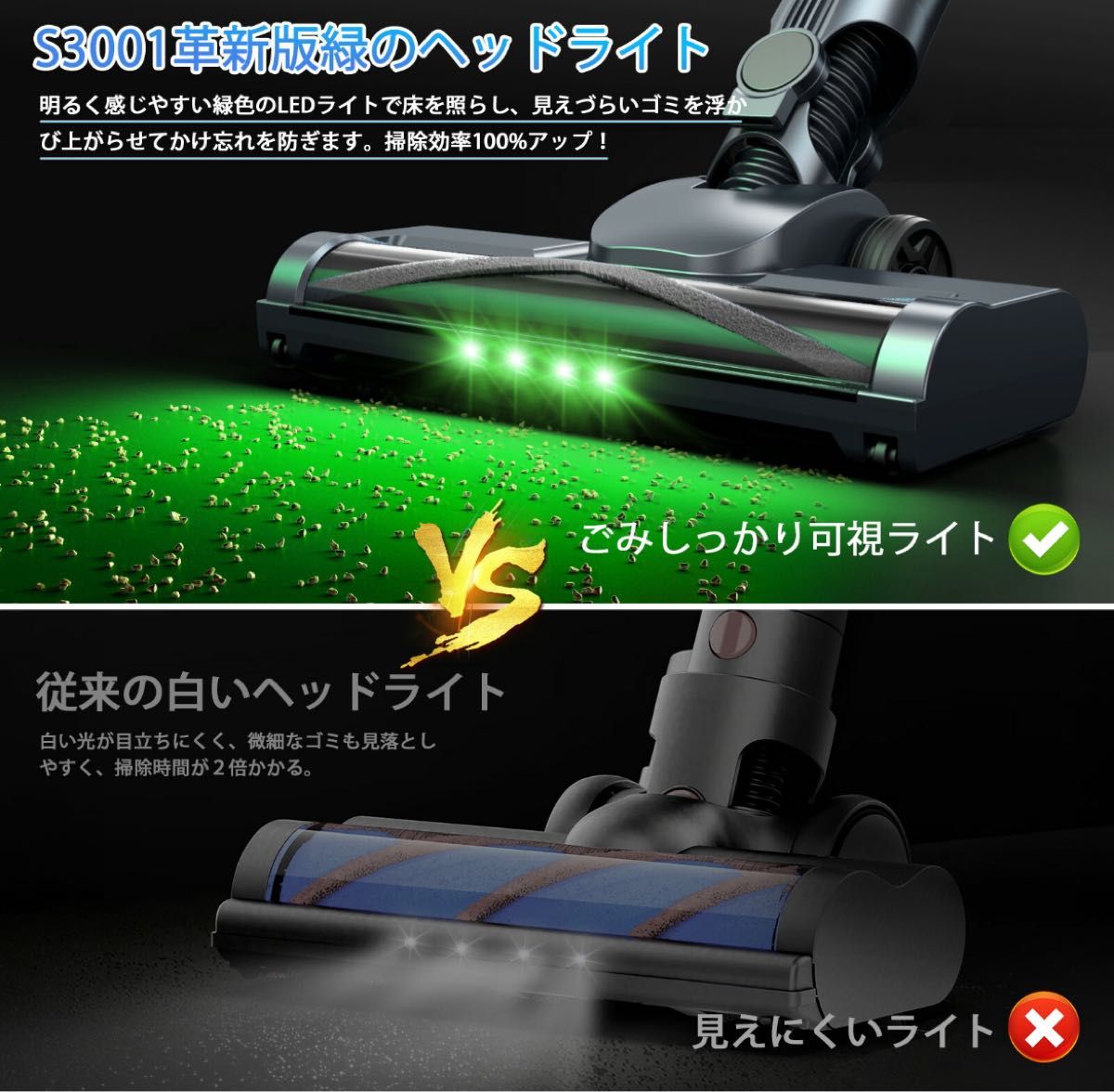 コードレス掃除機 サイクロン式 550W 3段吸引 軽量 低騒音 グリーン