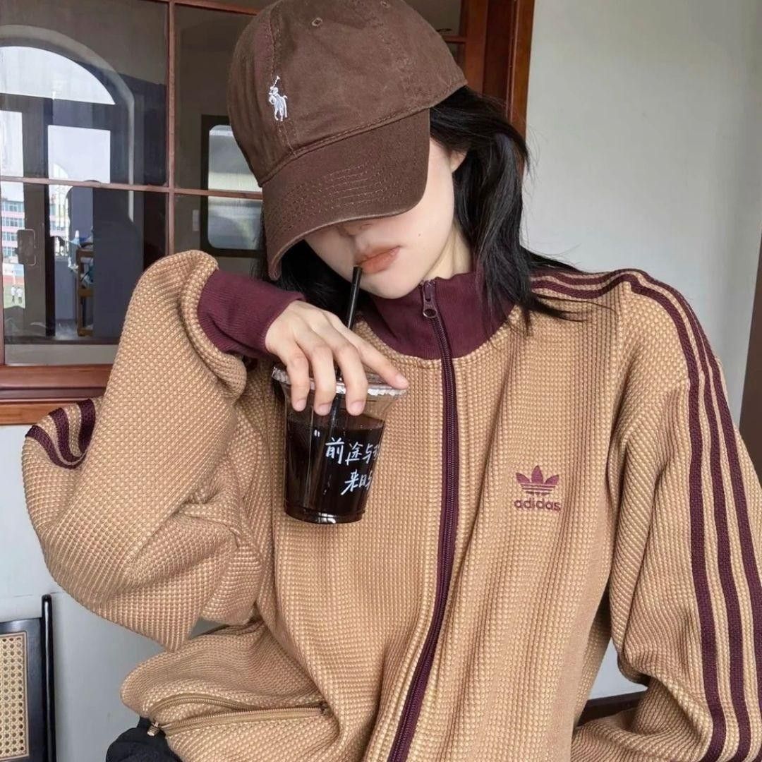 新品 adidas 茶 M ワッフルトラックジャケット ニットトップ ジャージ