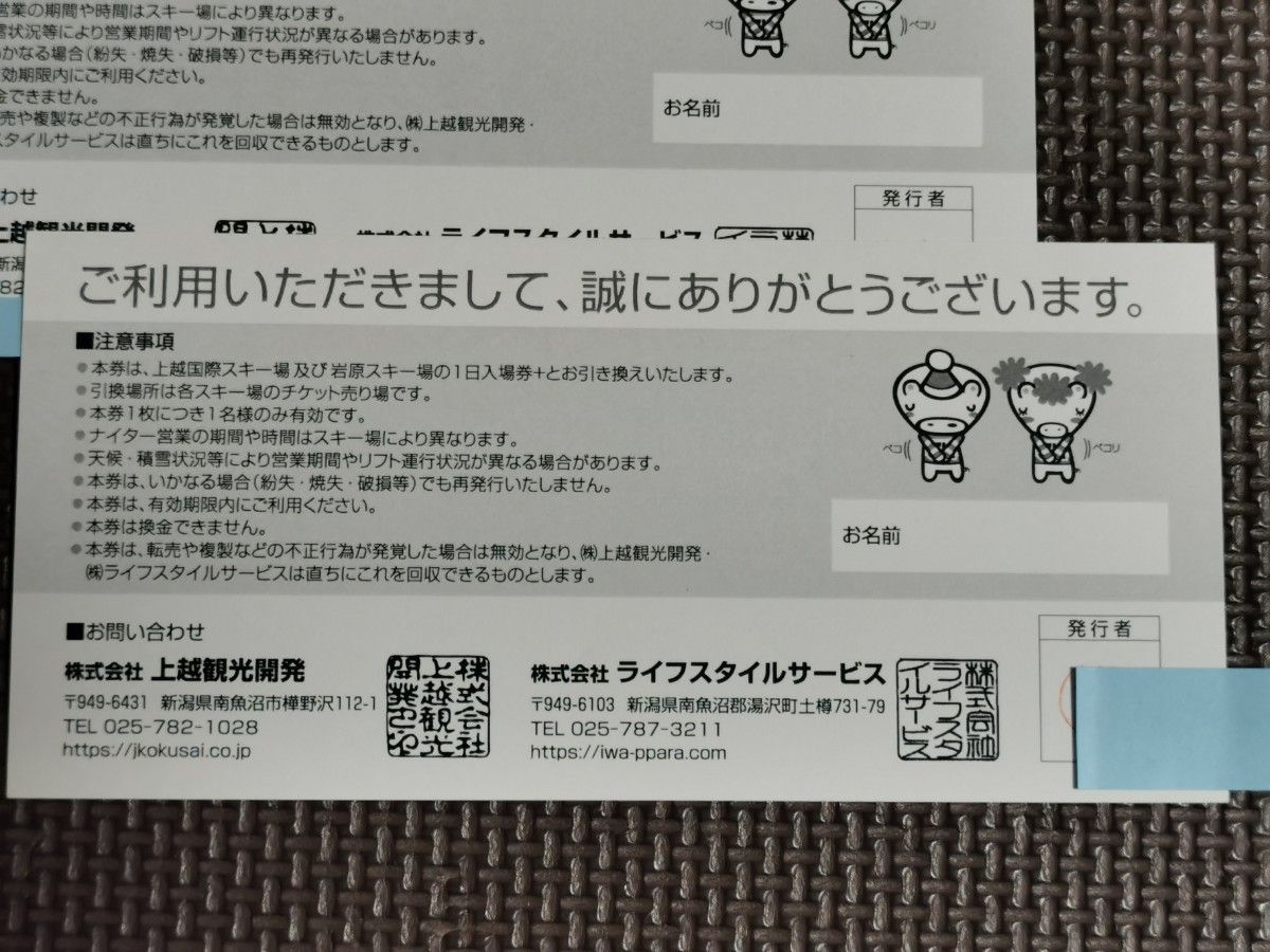 2枚】 岩原スキー場＆上越国際スキー場 リフト1日招待券ナイター付き