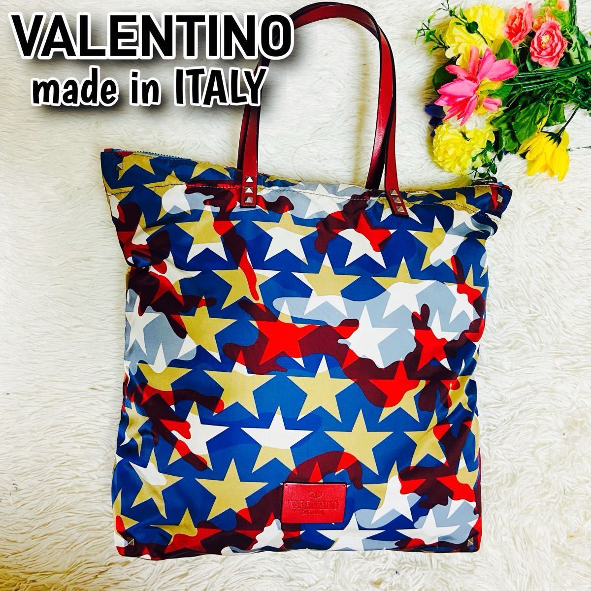 美品 スタッズ VALENTINO ヴァレンティノ トートバッグ 迷彩 星柄 総柄