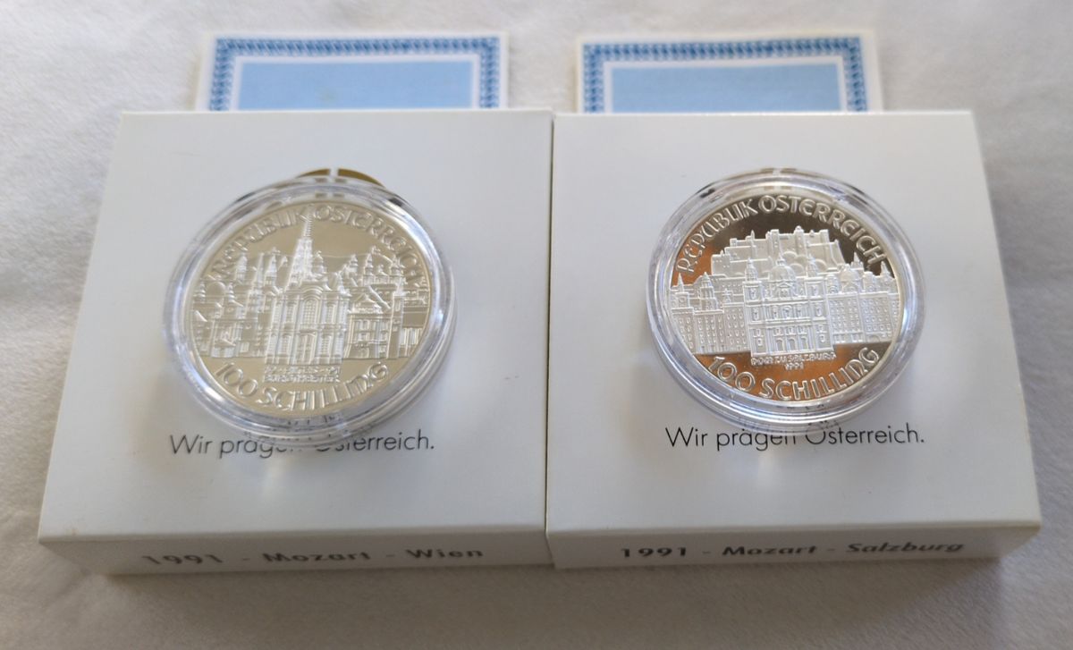 銀貨 1991年モーツァルト没後200年記念 オーストリア100シリング 2枚