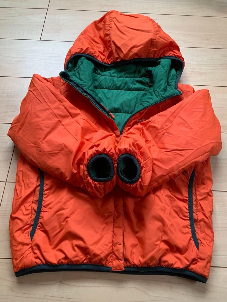 モンベル 130 ダウンジャケット 緑×オレンジ キッズ リバーシブル