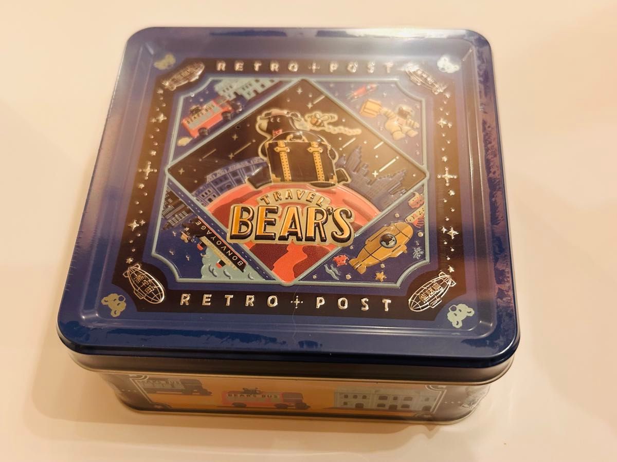 オビワン ROKKAKU 旅熊エンボス缶 レトロ郵便 文具女子博 缶 ブルー