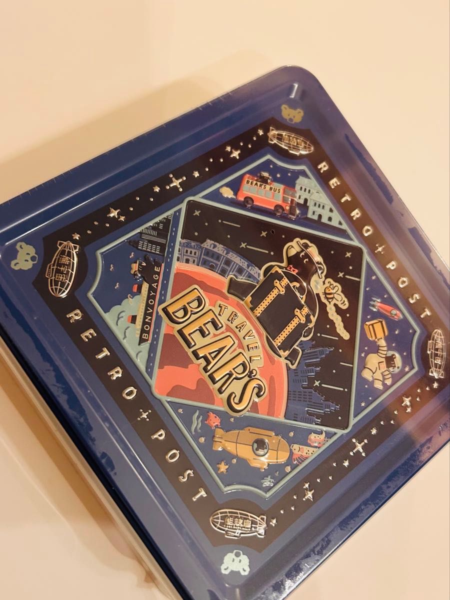 オビワン ROKKAKU 旅熊エンボス缶 レトロ郵便 文具女子博 缶 ブルー