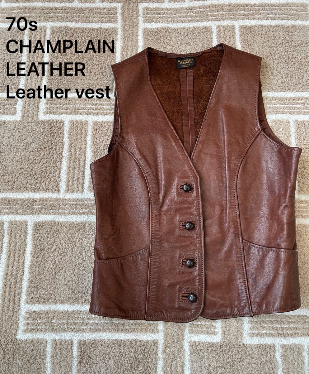 70s USA製 ヴィンテージ 本革レザーベスト 古着ベスト CHAMPLAIN