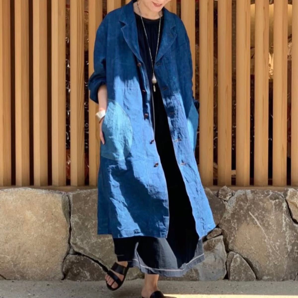 45R 藍染め908ヴィンテージリネンのコート インディゴブルー｜Yahoo