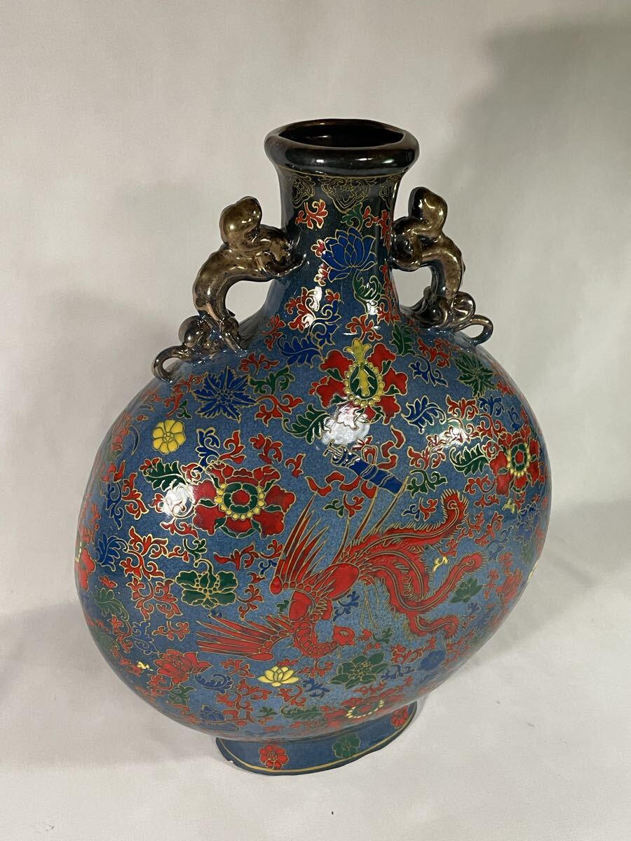 故宮】浅藍地 十錦釉花弁龍鳳双耳扁瓶 壷 大清雍正年製 故宮保管委員会