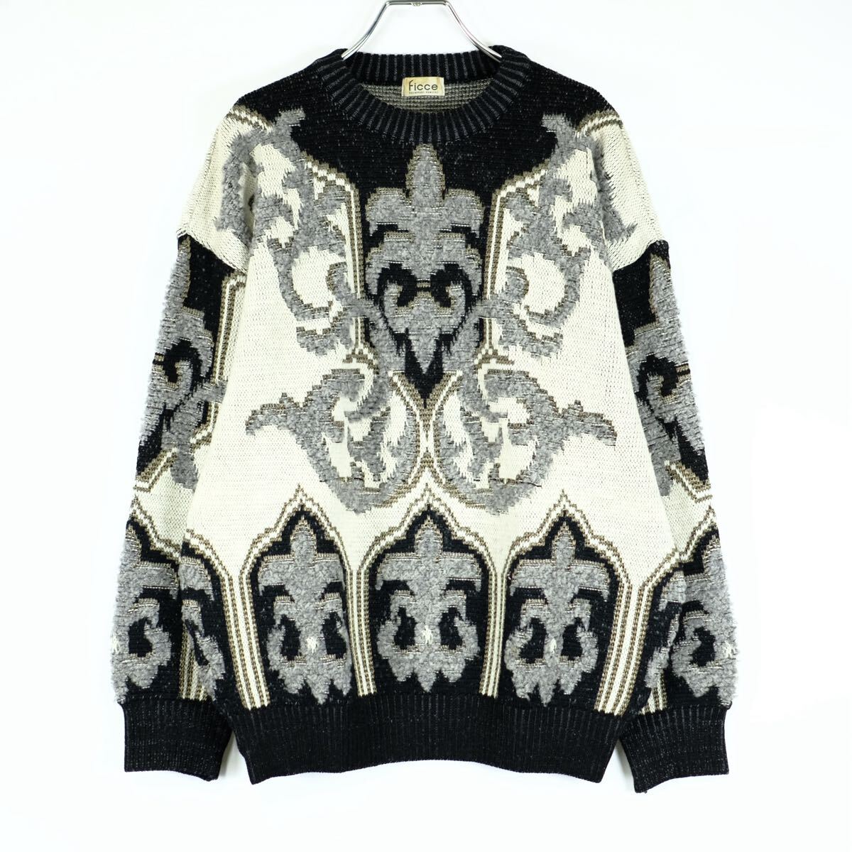 1980s FICCE 立体 総柄ニットセーター 3D 黒 グレー フィッチェ