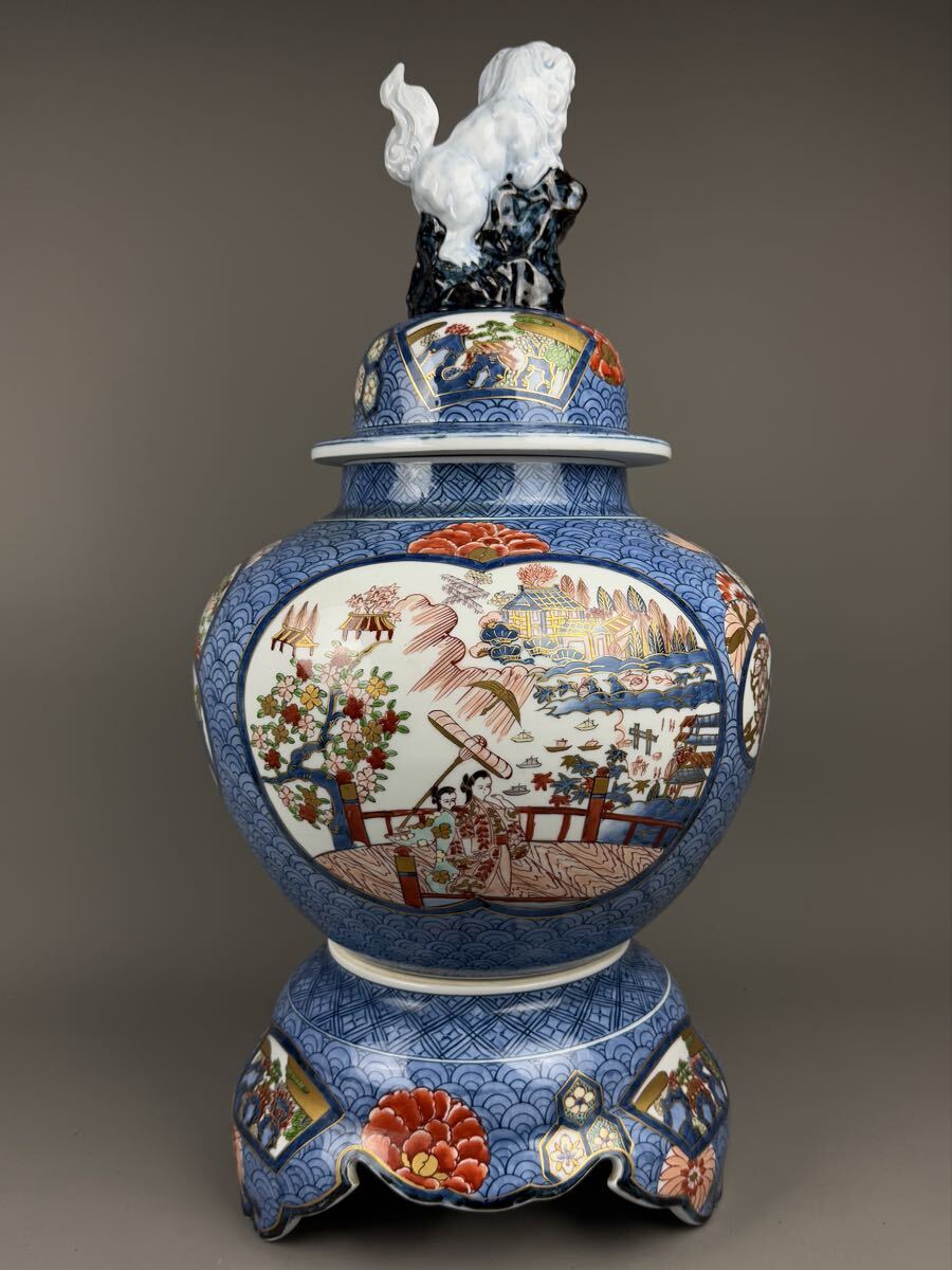 s*a様 有田焼 朱明窯 藤井朱明 染錦金彩獅子蓋孔雀図沈香壺 三段飾壺