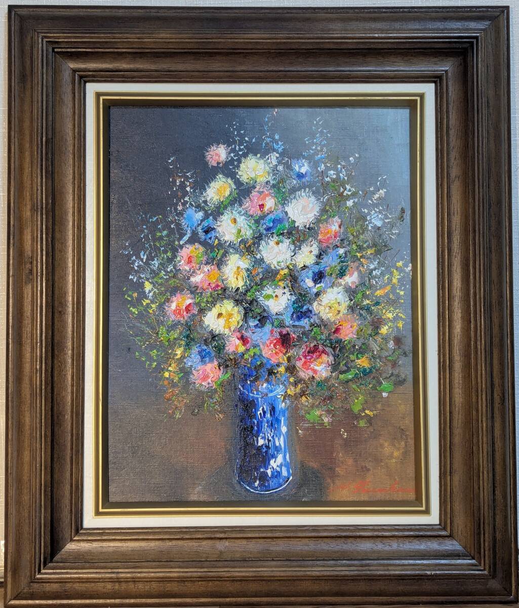 真作】絵画 古川明雄 油彩6号 野の花 青い花瓶の花束 鮮やか