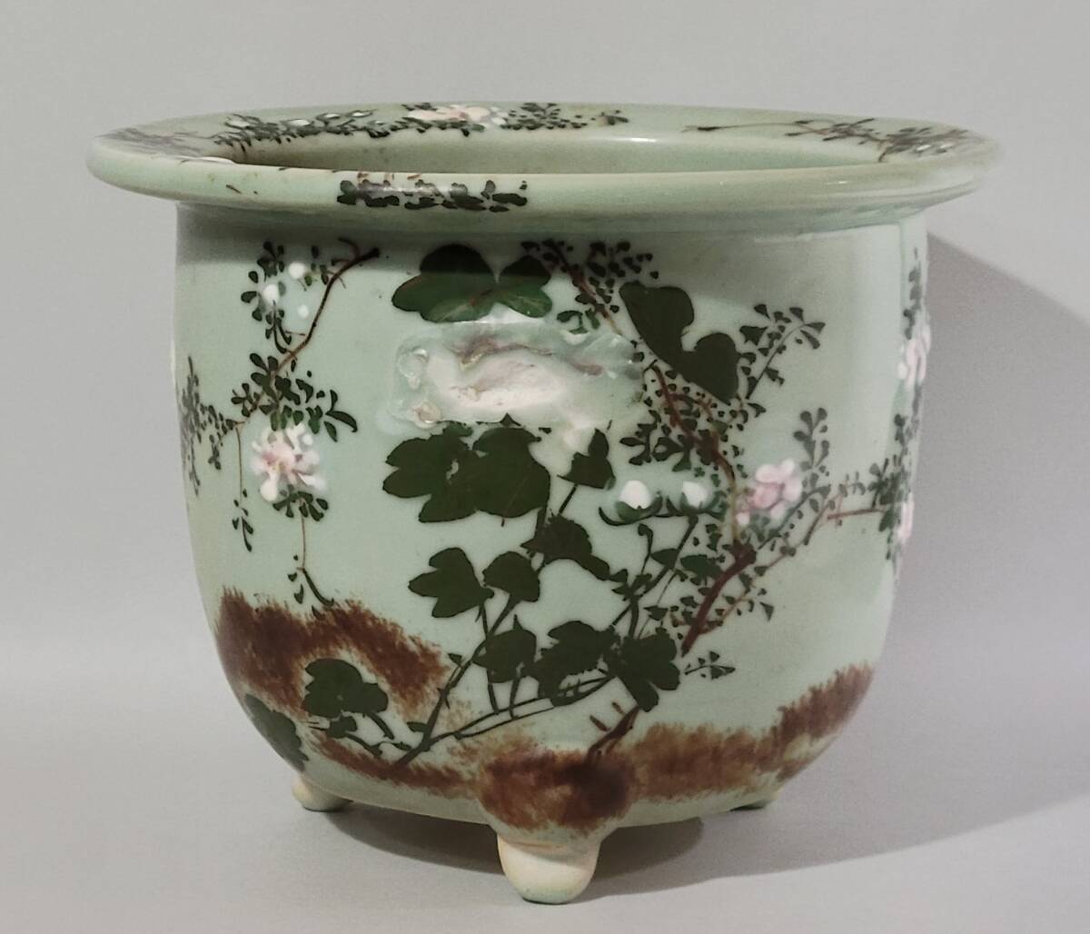 古美術柳 尾張焼 青磁 盛上色絵 草花文盆栽鉢 蘭鉢 植木鉢 明治時代 数
