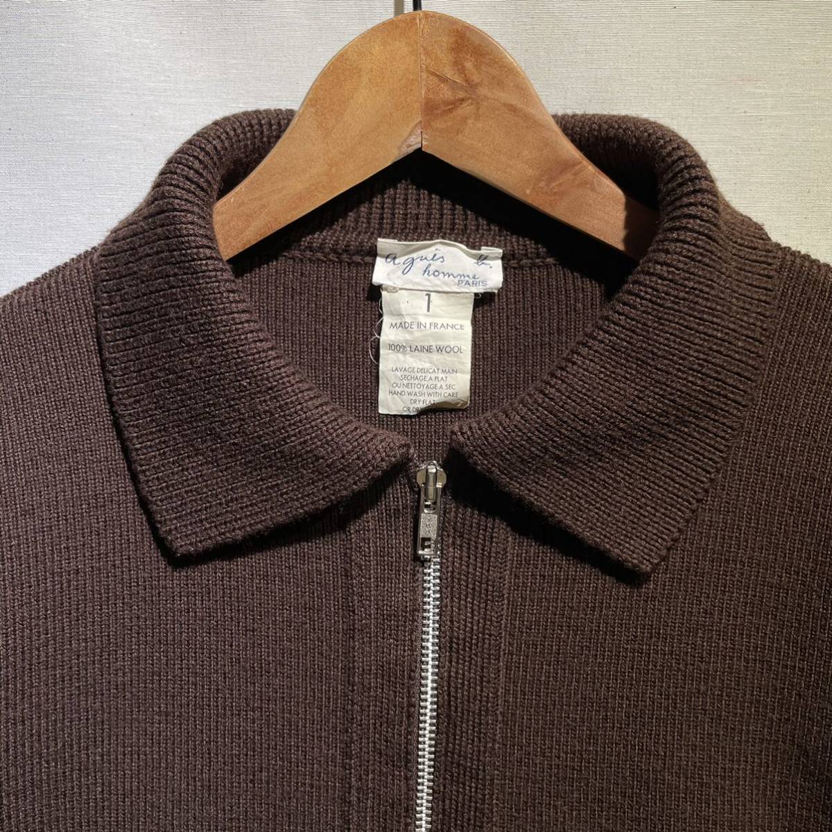 名作】80s agnes b homme フランス製 丸襟ジップアップニット 白タグ