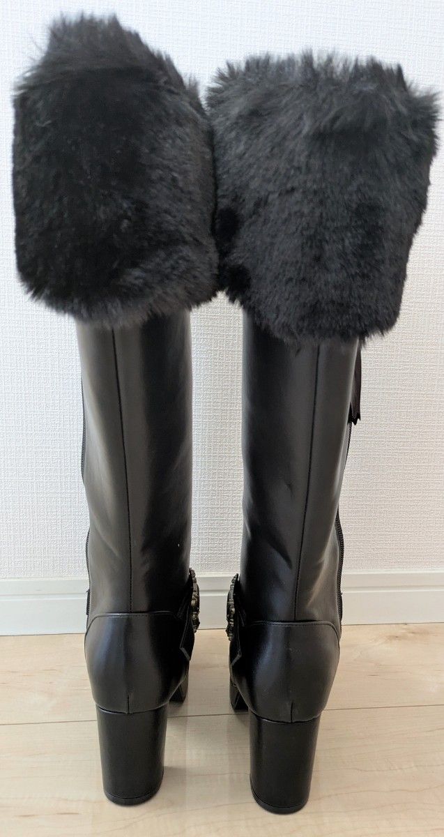 しまむら くる実 ファー付き編み上げロングブーツ L ブラック 黒