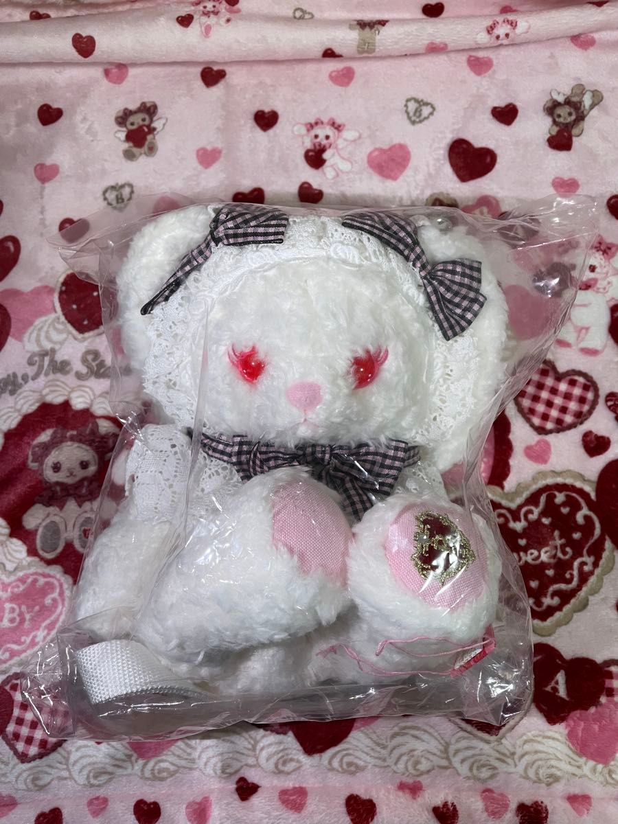 BABY 原宿限定 うさくみゃちゃんポシェット ピンク×黒ギンガムリボン