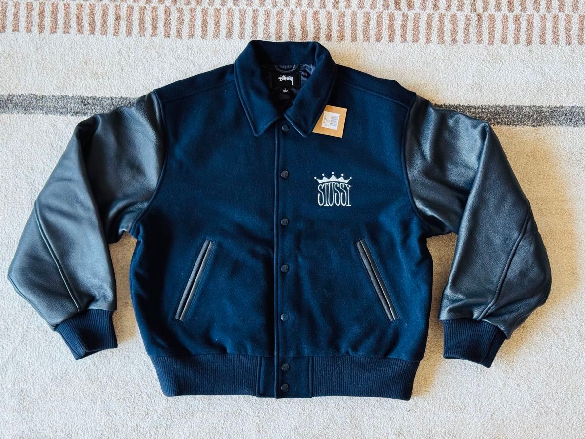 新品 STUSSY king レザージャケットL紺 ステューシー革 スタジャン