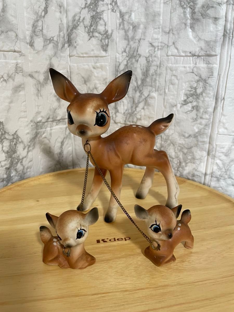 昭和レトロ バンビ アンティーク 陶器 置物50s バンビ親子 陶器 3set