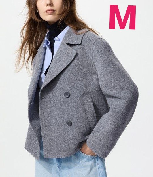 ユニクロダブルフェイスショートコートリラックスフィットグレーM