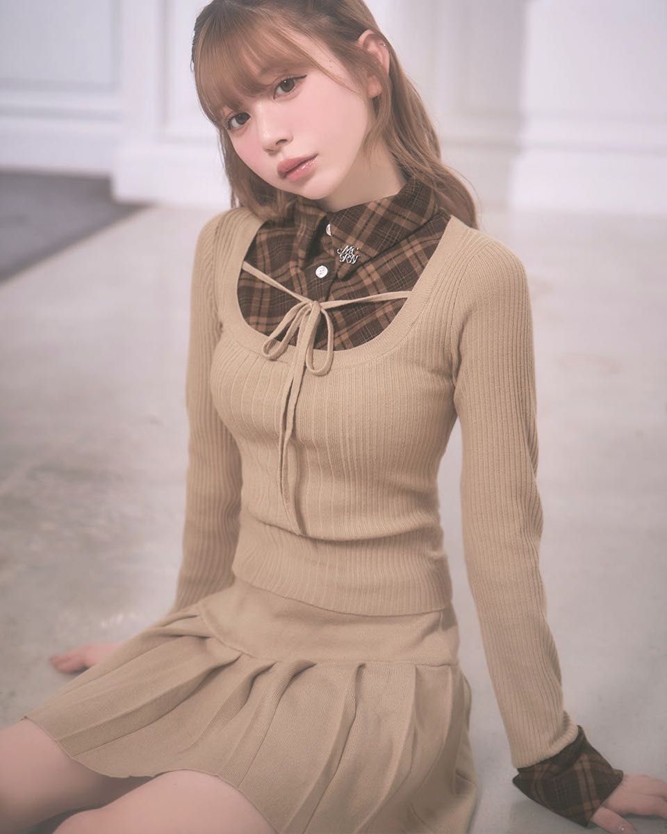 ミシェルマカロン チェックシャツレイヤード風セットアップ モカ