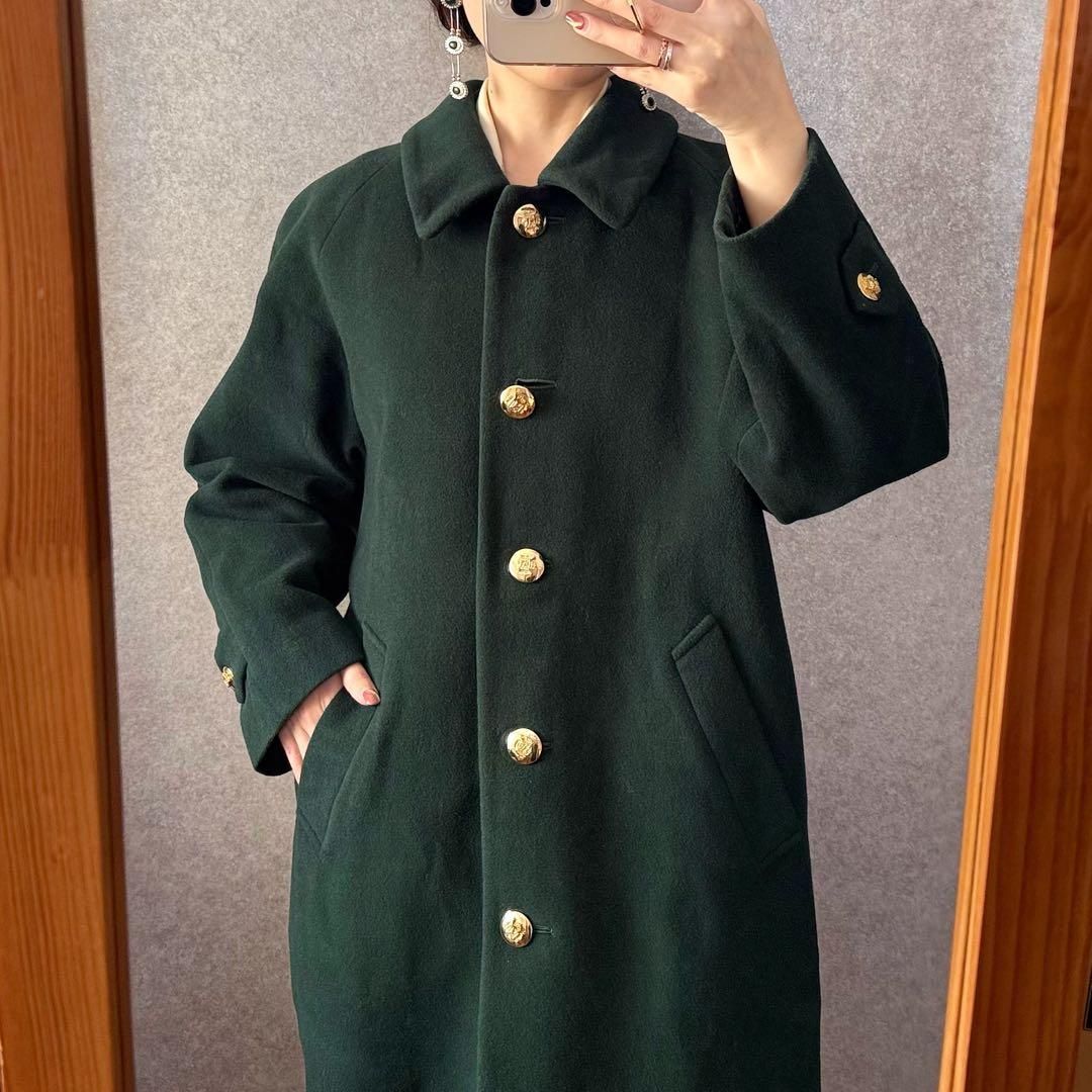ヴィンテージ レトロ古着 ウールステンカラーロングコート 緑 金ボタン