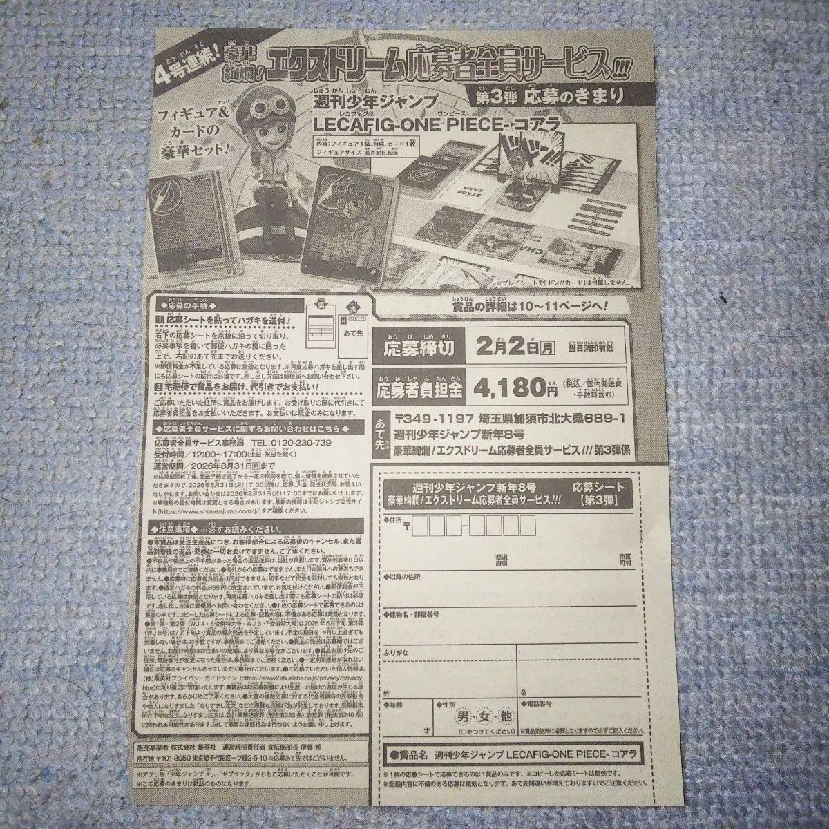 週刊少年ジャンプ エクストリーム応募者全員サービス第3弾 応募シート
