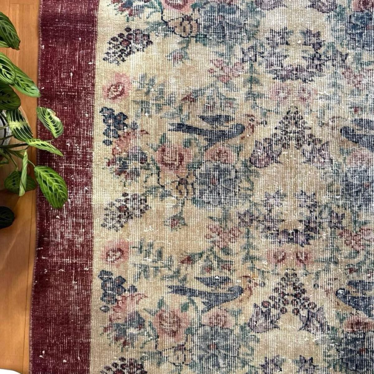 貴重116×190幸せの青い鳥 ボタニカル シャビー トルコヴィンテージラグ