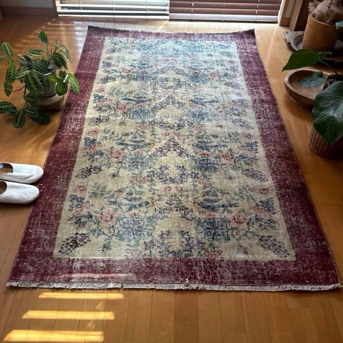 貴重116×190幸せの青い鳥 ボタニカル シャビー トルコヴィンテージラグ
