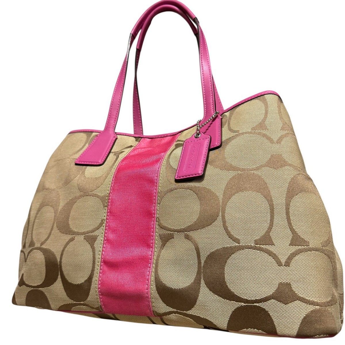 美品 COACH コーチ トートバッグ ハンド キャンバス レザー ブラウン