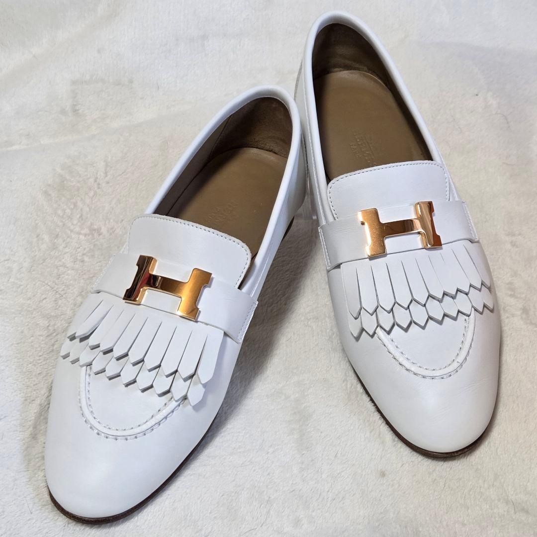 エルメス ローファー 白 モカシンロワイヤル ゴールド金具 フリンジ 36
