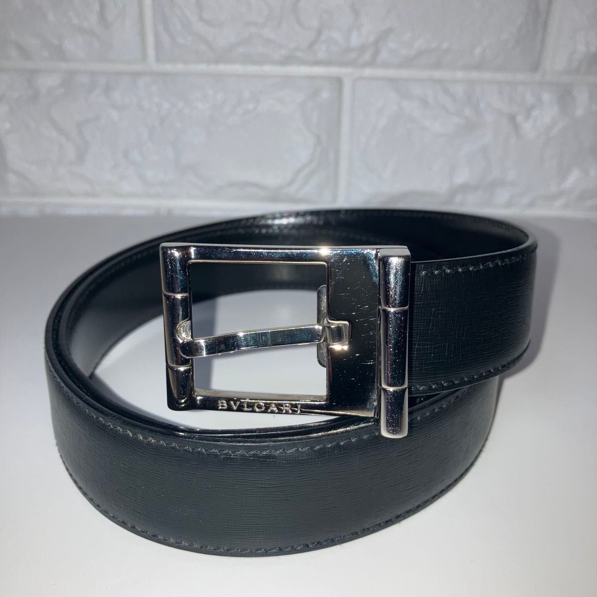 美品】BVLGARI ブルガリ レザーベルト ブラック スクエア シルバー