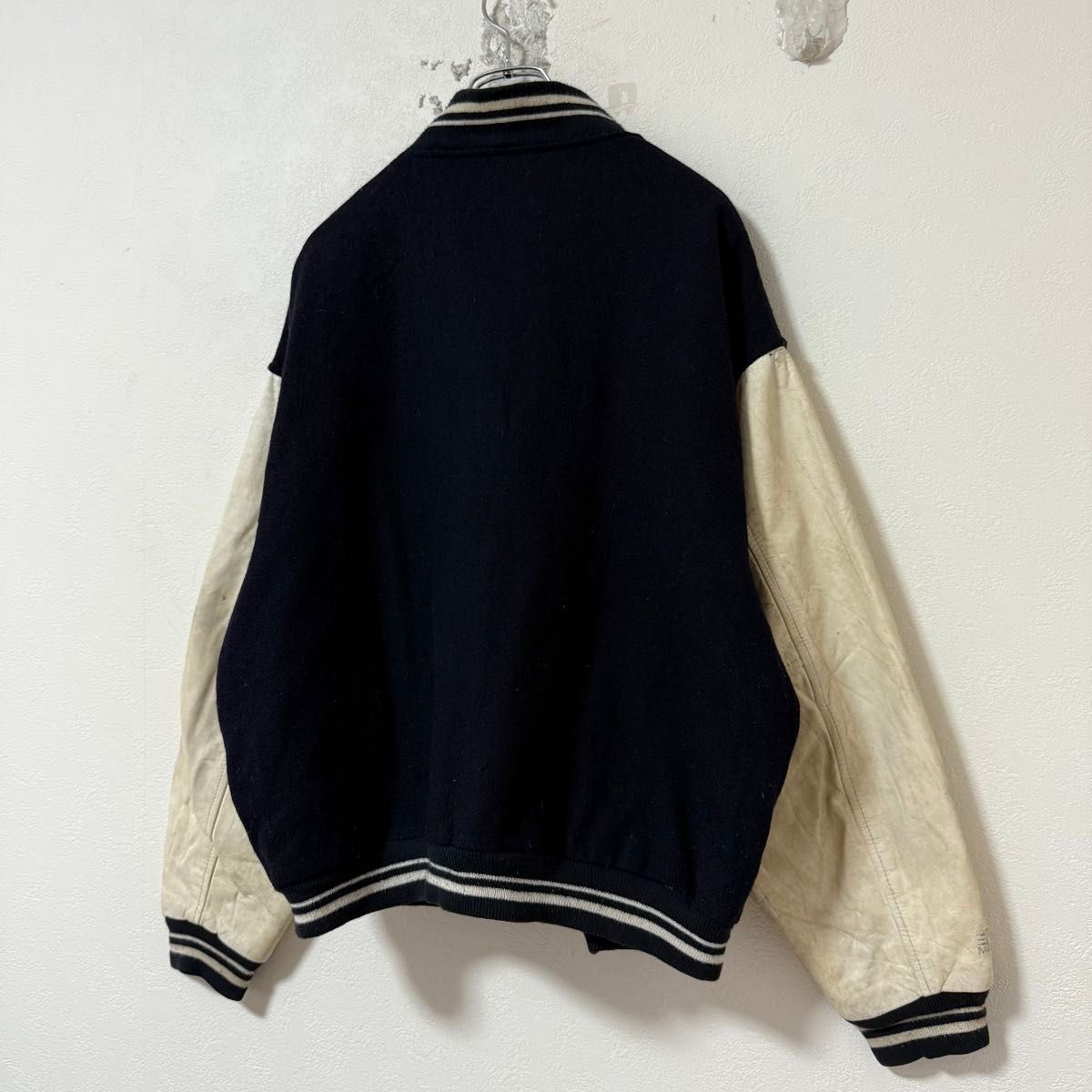 90s MIRAGE ヤンキース スタジャン ウール&レザー ネイビー/紺白 M
