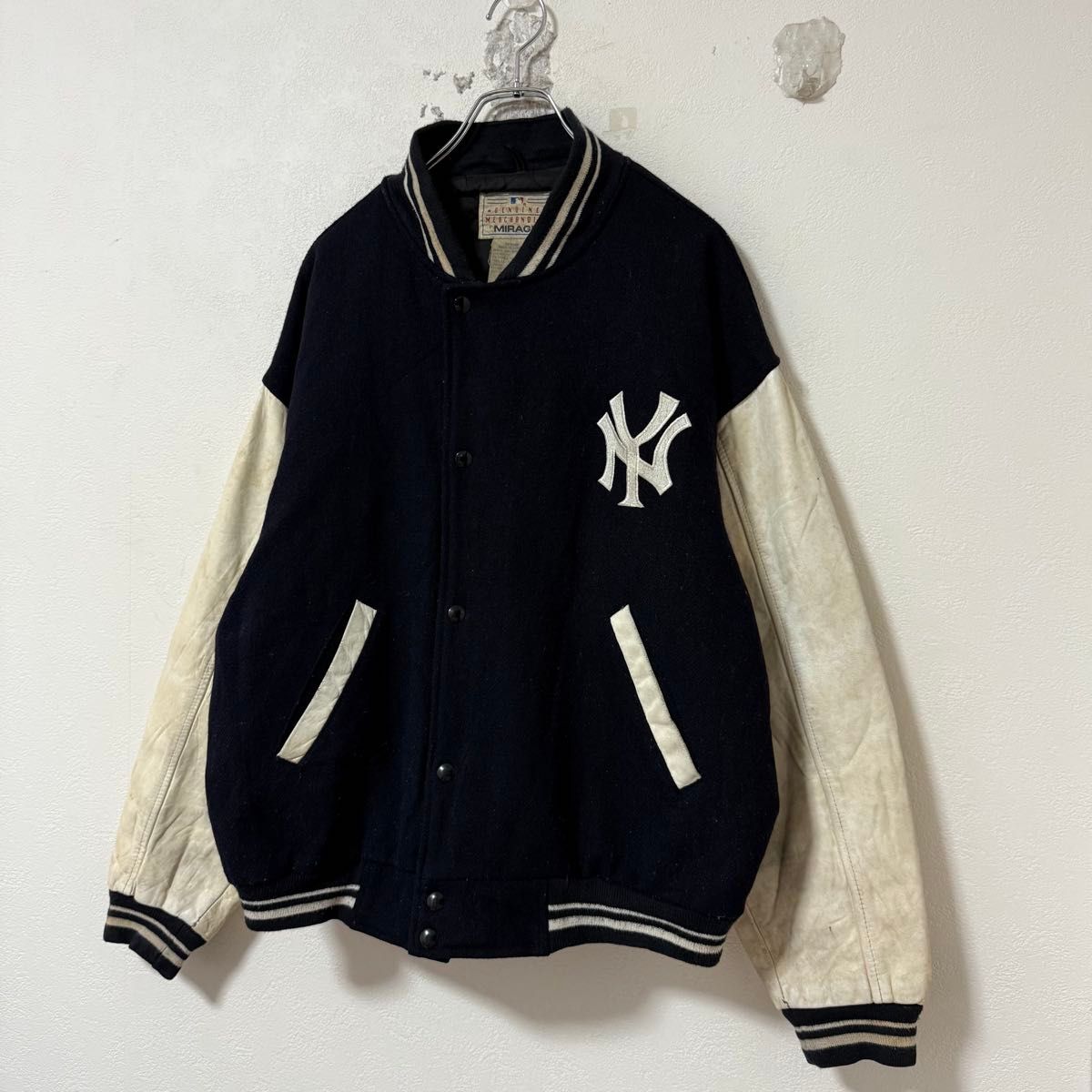 90s MIRAGE ヤンキース スタジャン ウール&レザー ネイビー/紺白 M