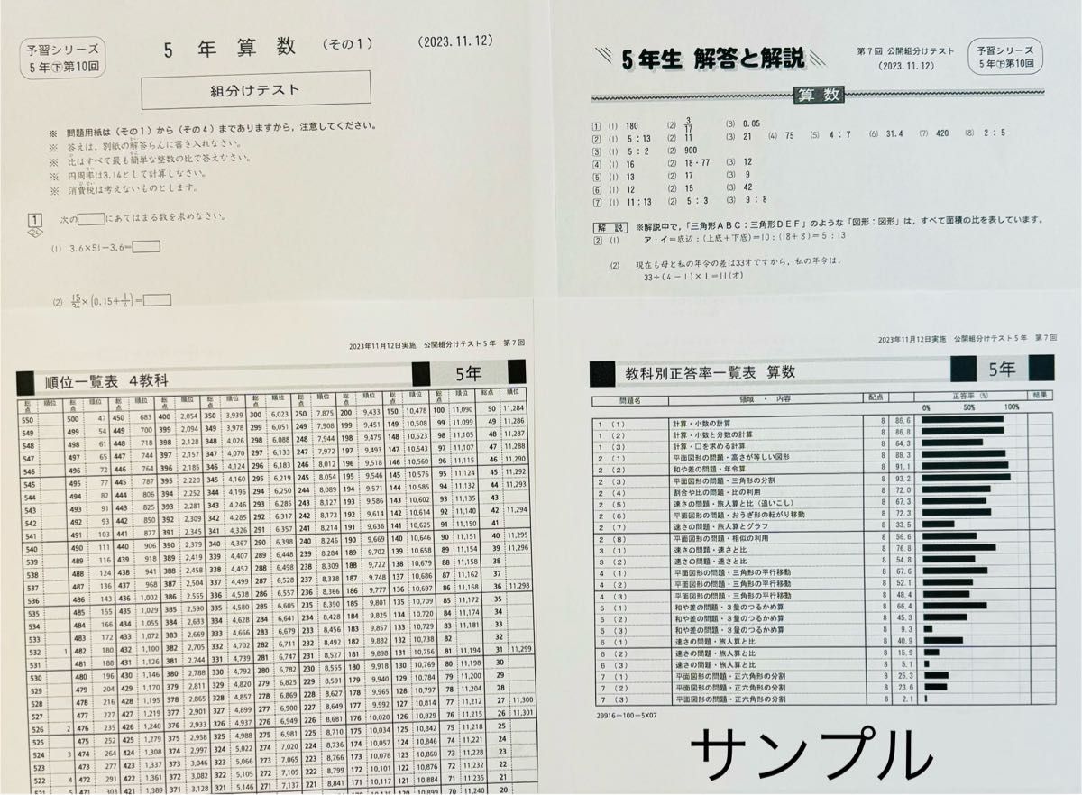 四谷大塚 組分けテスト 5年生 4年分 過去問・解答/解説資料集セット