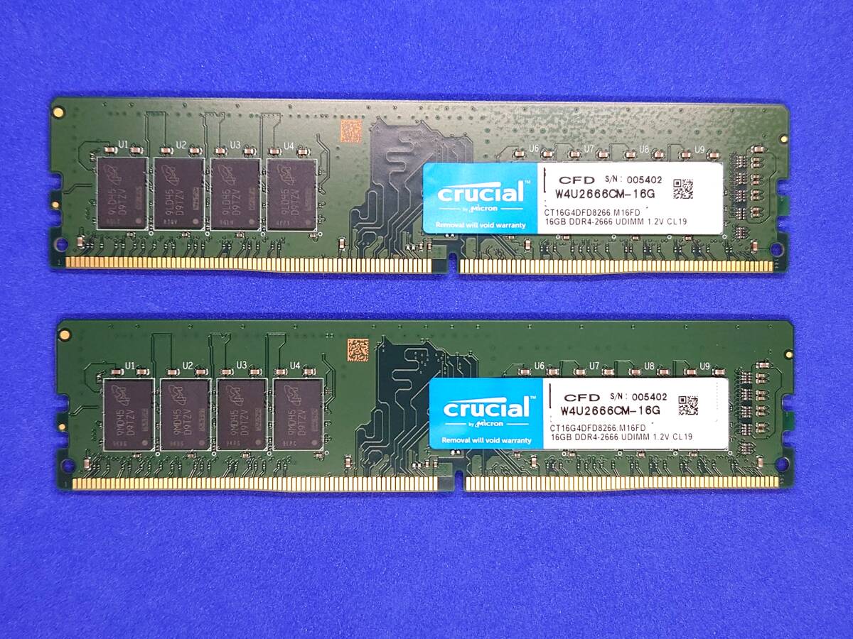 動作確認済】メモリ Crucial製 DDR4 2666 16GB×2枚 デスクトップ用
