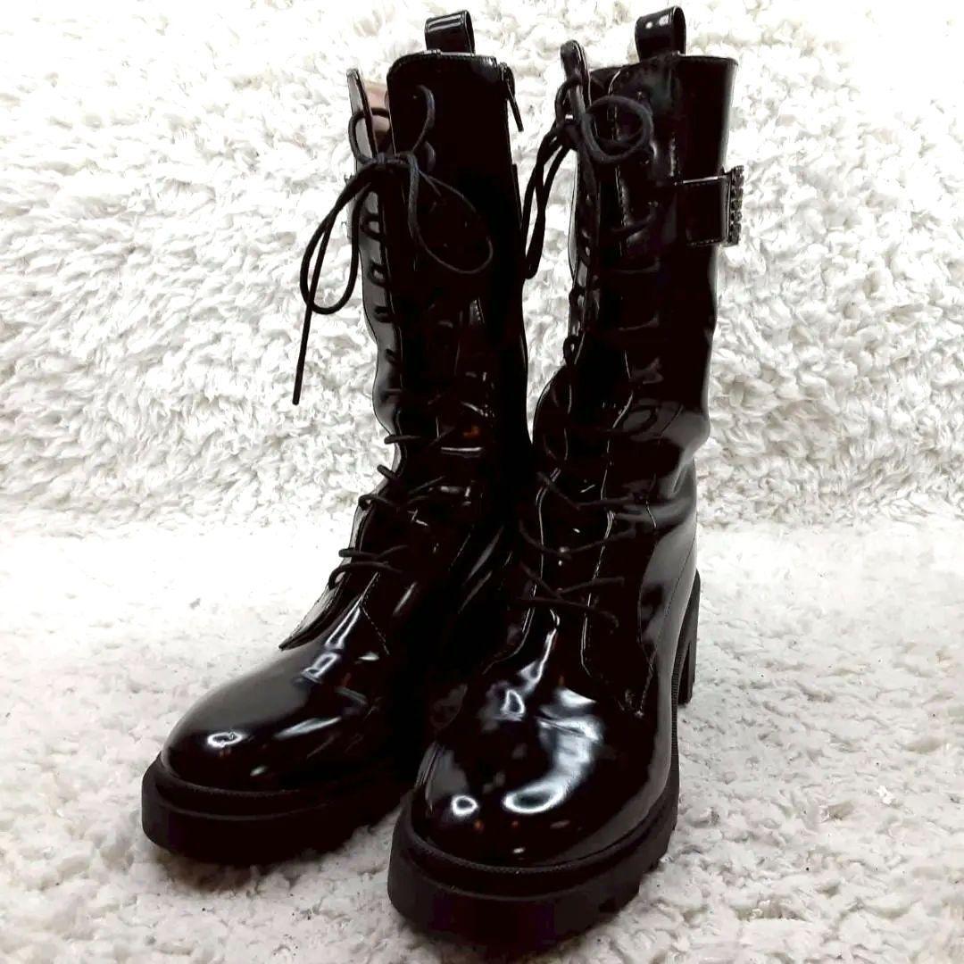 美品 25㎝ Her lip to ロングブーツ 黒 エナメル 厚底 こじはる｜Yahoo