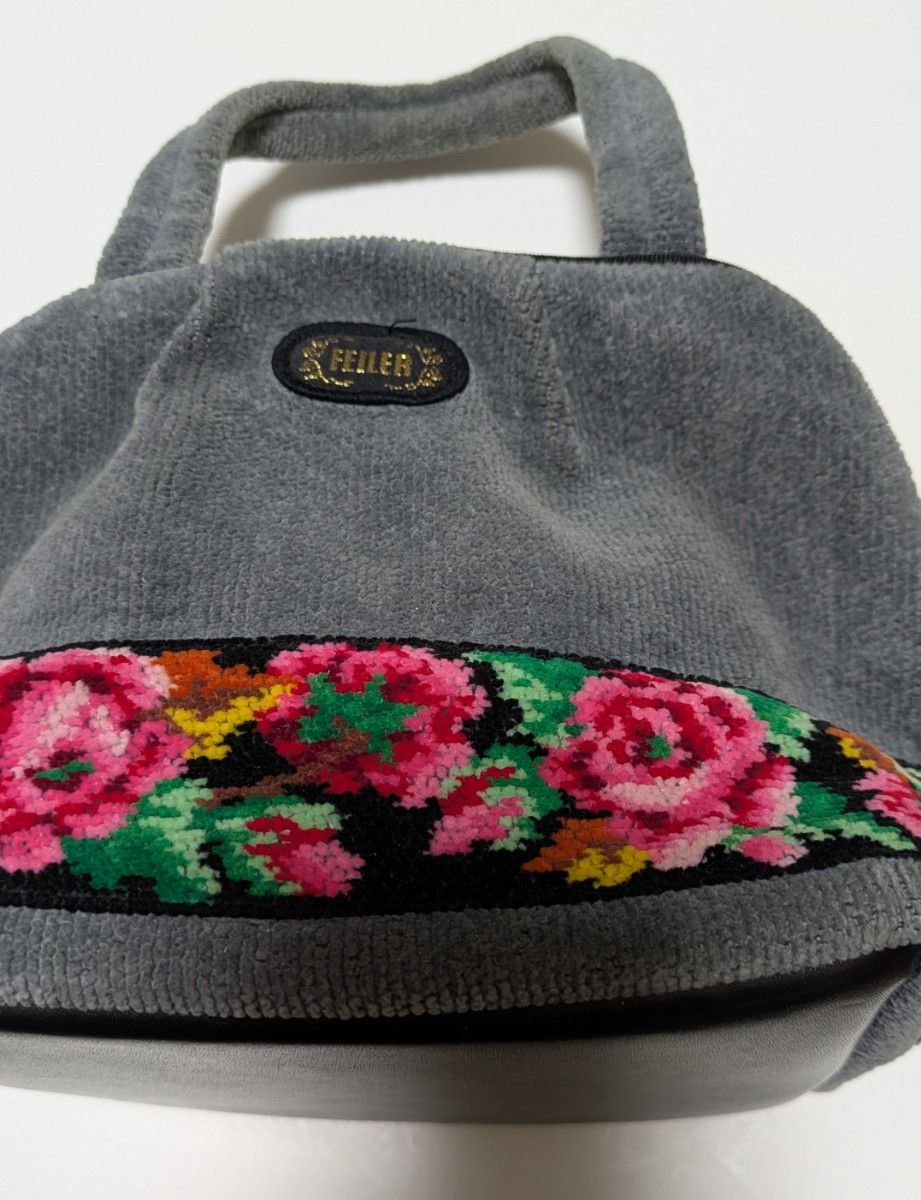 フェイラー FEILER シュニール織 花柄 ハンドバッグ グレー 美品