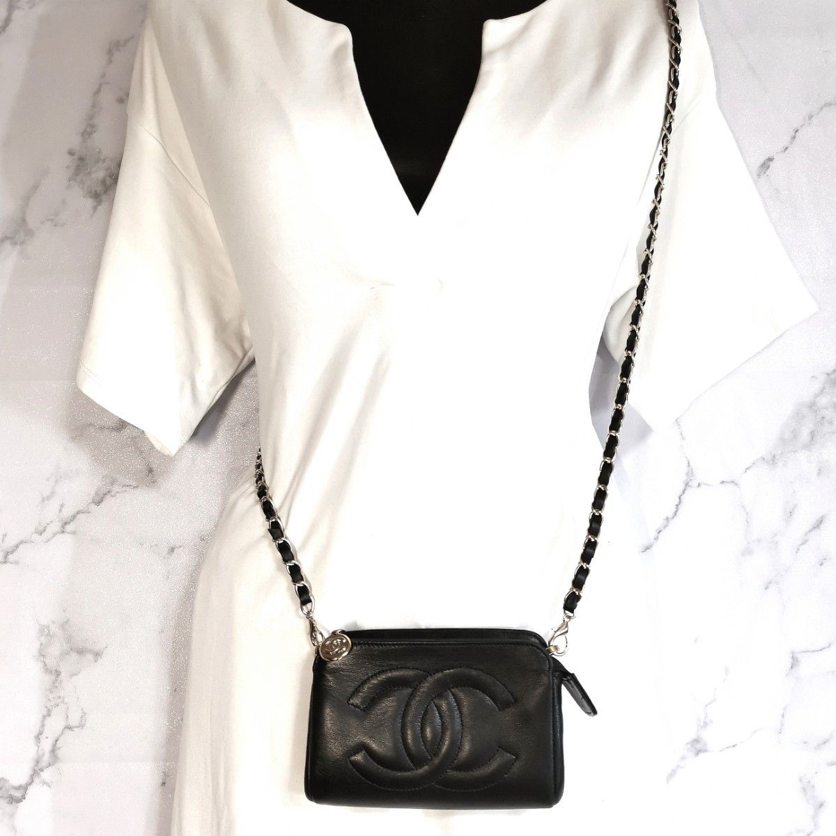 美品】CHANELシャネル 大ココマーク チェーンショルダーミニバッグ 黒