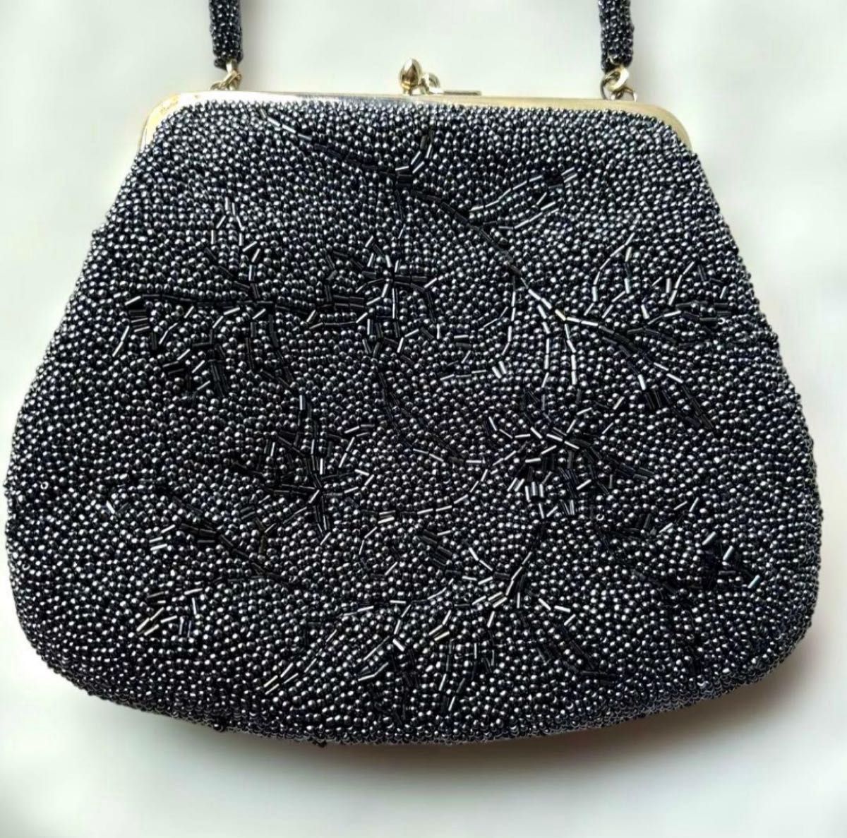 総ビーズ 装飾 パーティーバッグ 花模様 がま口バッグ 昭和レトロ