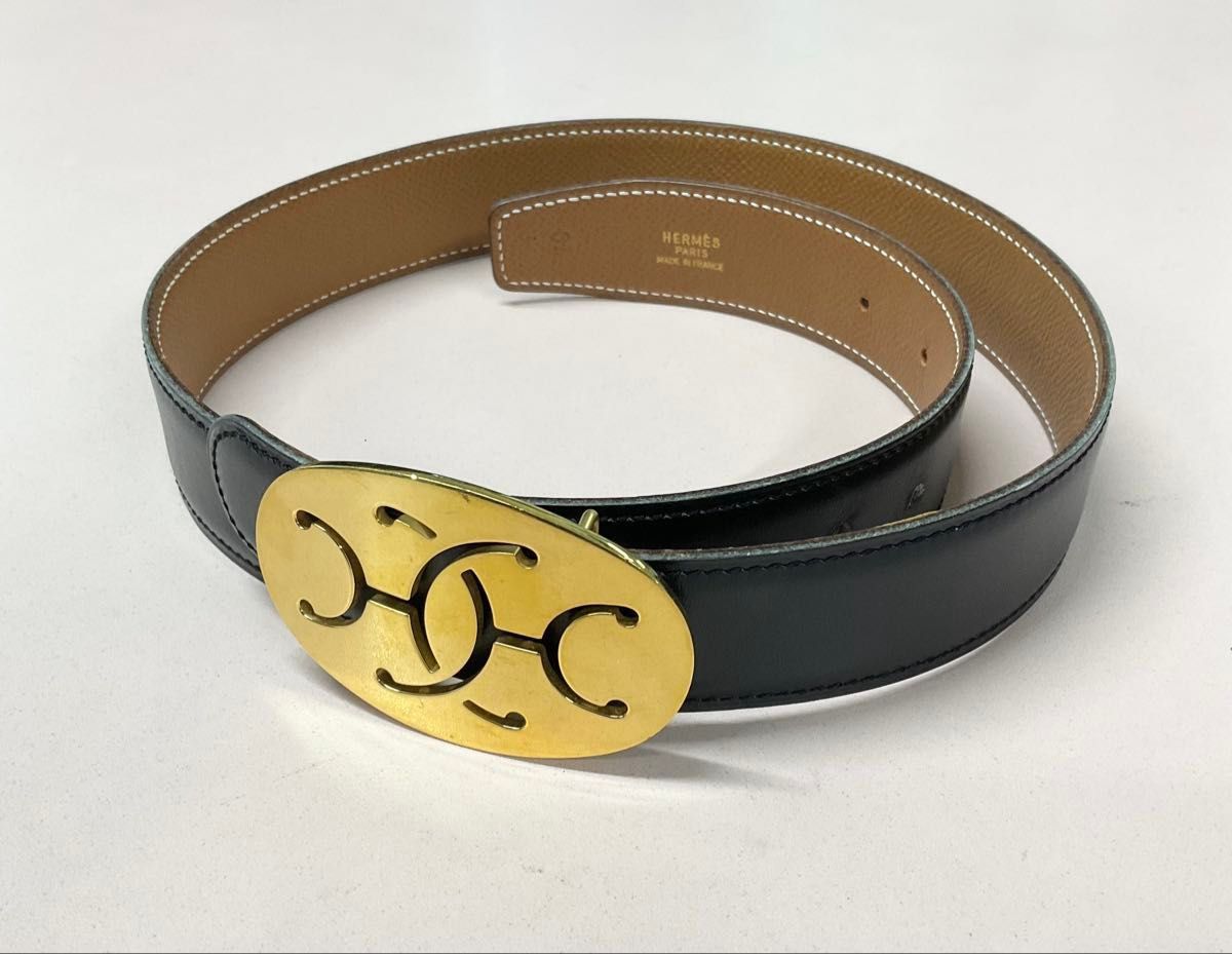 エルメス ダブルH バックル レザーベルト ブラック ゴールド金具