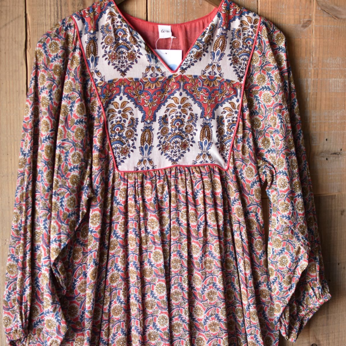 新品 インド綿ワンピース 花柄 アジアン エスニック ブロックプリント