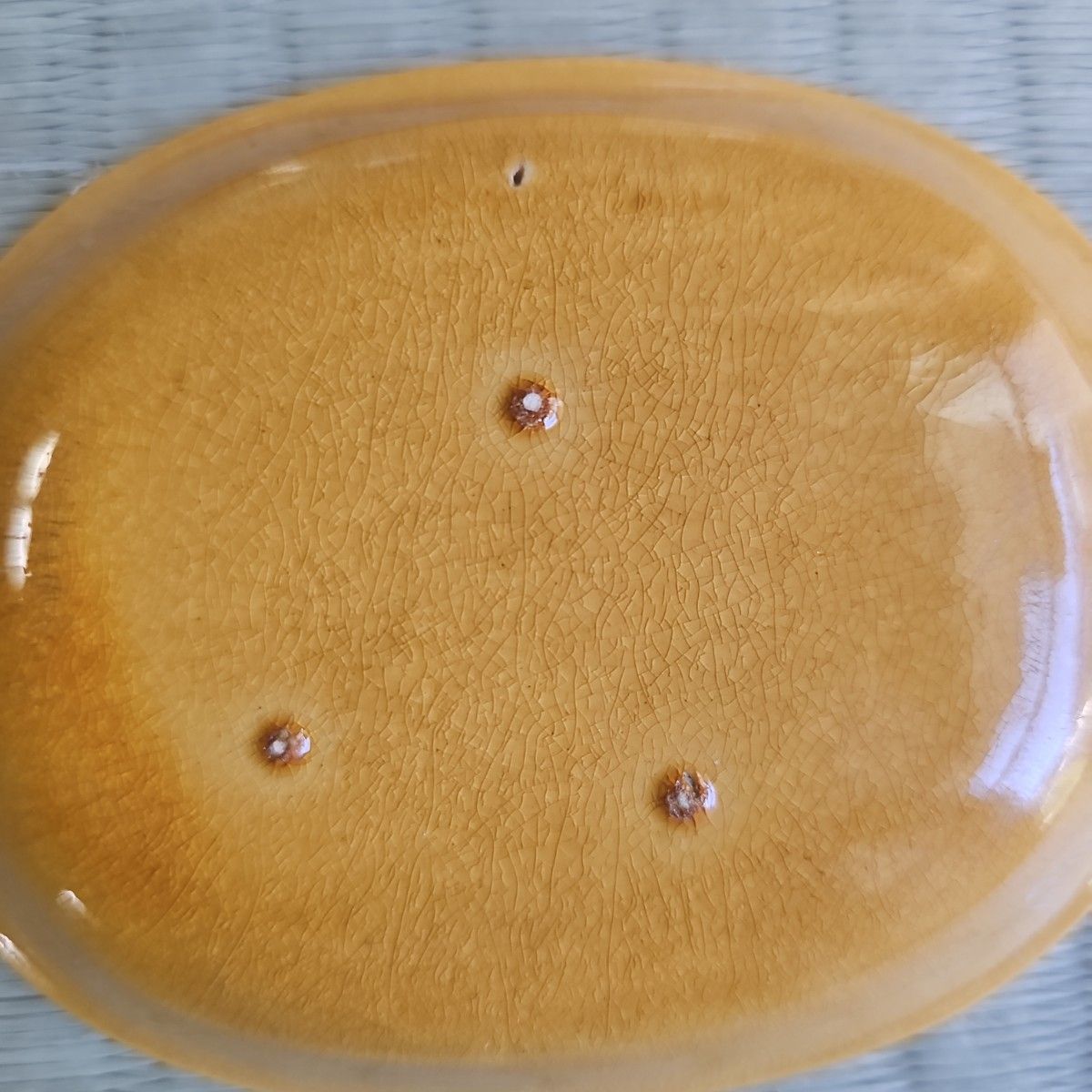 当時物 珉平焼 黄釉 淡路焼 陰刻龍紋 小皿 豆皿 小判型 4枚セット 4客