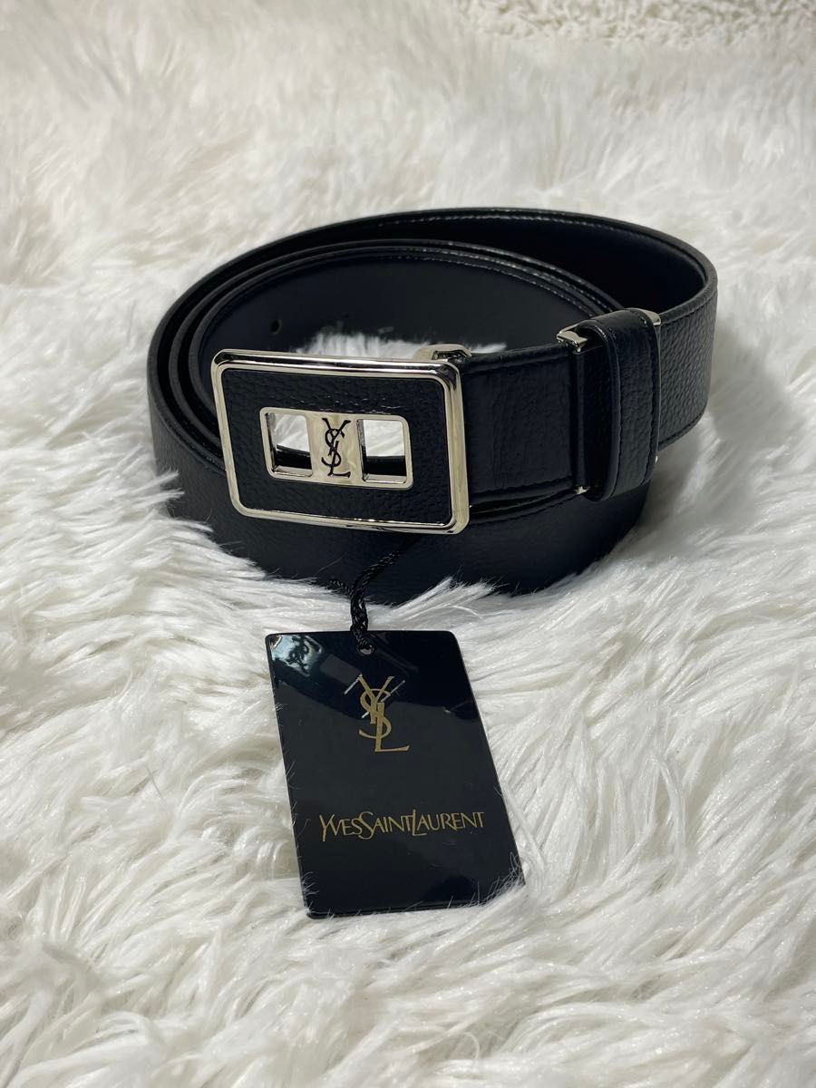 イヴサンローラン YSL 本革 レザーベルト ブラック ロゴバック ユニ