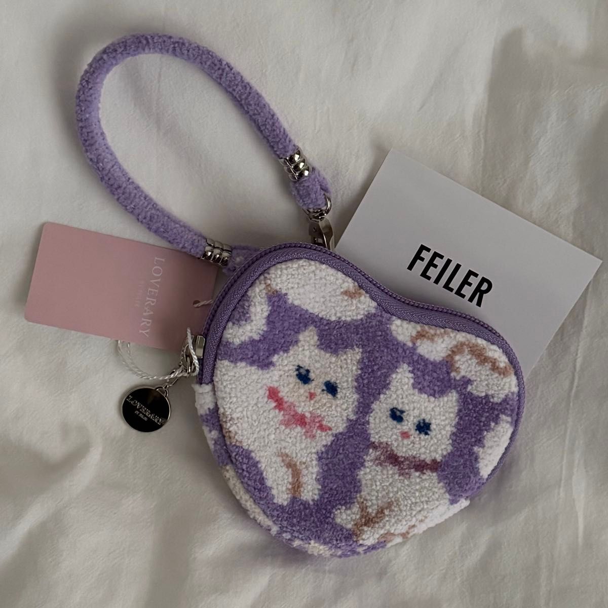 フェイラー ラブラリー モフモフネコチャン ハート型ポーチ ペール