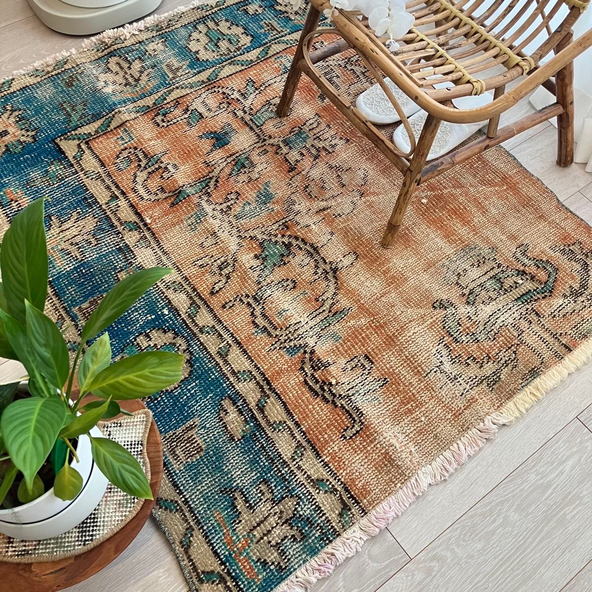 シャビーオレンジ89×108ブルー ベージュ 正方形 トルコヴィンテージ